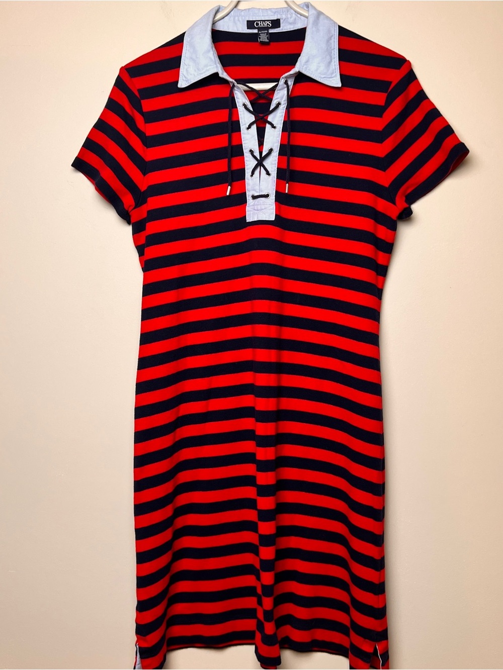 Chaps Red and Navy Striped Lace-Up Polo Dress with Contrast Collar XL